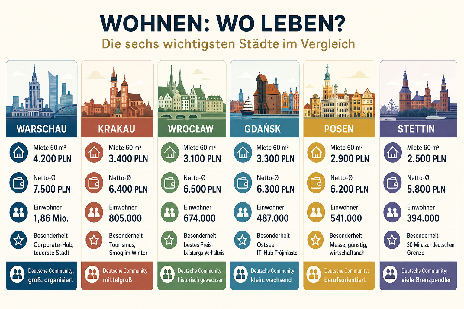 Infografik: Wohnen: Wo leben – die sechs wichtigsten Städte im Vergleich Stadt: Warschau | Miete 60 m²: 4.200 PLN | Netto-Ø: 7.500 P...